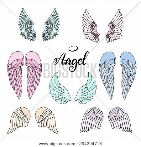 Angel Wings Icon Set With Hand Lettering Word Angel. Religious Calligraphic Text And Symbol Of Chris