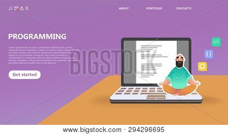 Programmer At Work Concept. Cartoon Character Man Does Programs In The Office, Program Code On The M