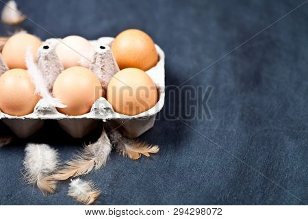 Farm chicken eggs in cardboard container and feathers closeup on black background. With copy space.