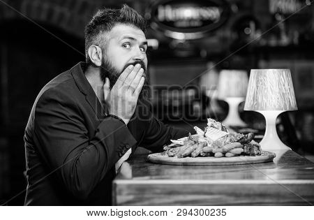 Man Received Meal With Fried Potato Fish Sticks Meat. Delicious Meal. Enjoy Meal. High Calorie Snack