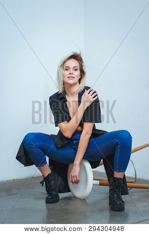 Model Tests. Photo Session Model In The Studio. Simple Attractive Portraits For A Young Beautiful Gi