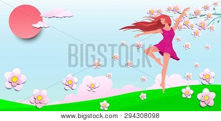 A Young Girl Dancing Among The Flowers. Dancing Girl On The Background Of The Sun, Sky And Flowers.