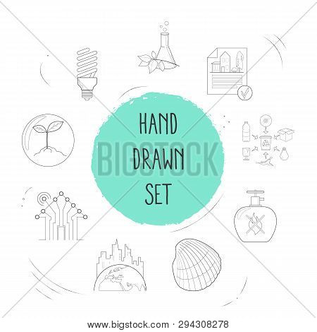 Set Of Environment Icons Line Style Symbols With Gas Can, Plant Laboratory, Expansion Of The City An