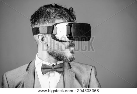Business Man Virtual Reality. Modern Gadget. Innovation And Technological Advances. Business Impleme
