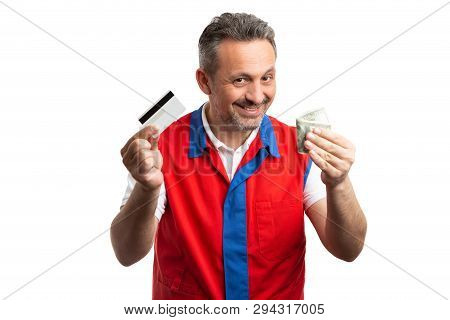 Male Supermarket Or Hypermarket Employee With Trustworthy Expression Holding Cred Card And Money Bil