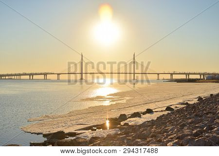 Cable Bridge Across The Petrovsky Fairway At Sunset In Saint Petersburg, Russia. Part Of The Western