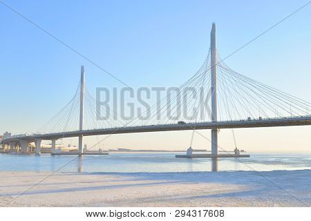 Cable Bridge Across The Petrovsky Fairway At Evening In Saint Petersburg, Russia. Part Of The Wester