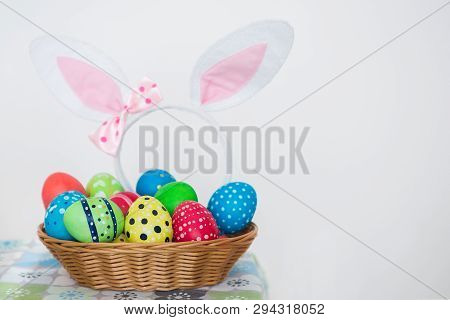 Happy Ester. View Of Multicolored Easter Eggs With Handmade Ornament Made By A Talent Child