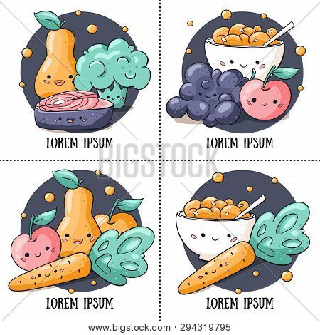 Healthy Food Sets In Doodle Style. Vector Set Of Doodle Food Round Stickers. Cartoon Characters In K