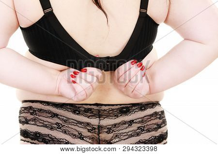 Fat Woman Wearing Black Lingerie Bra And Panties Back View. Plus Size Female Opening Taking Off Or P
