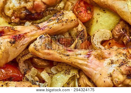 Baked Roast Chicken Legs With Tomatoes, Onions, Potatoes, Mushrooms