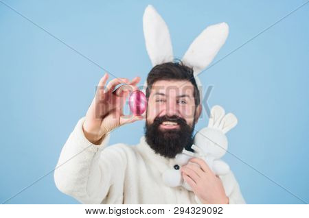 Bearded Man Wear Silly Bunny Ears. My Precious. Hipster Cute Bunny Long Ears Blue Background. Easter