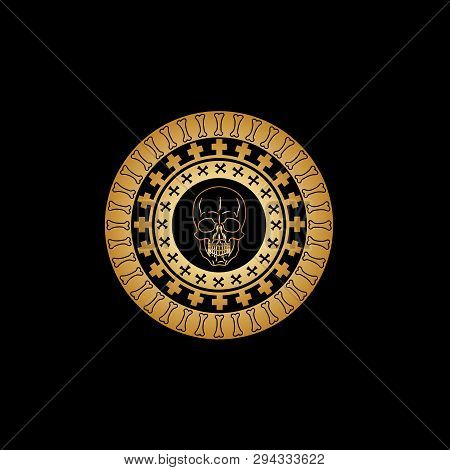 Gothic Circular Ornament With Patterns From The Crossed Tibial Bones And A Gold Vintage Skull In The