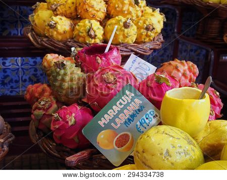 Close Up Of Tropical Dragon And Passion Fruit For Sale In The Market Funchal Madeira The Front Sign