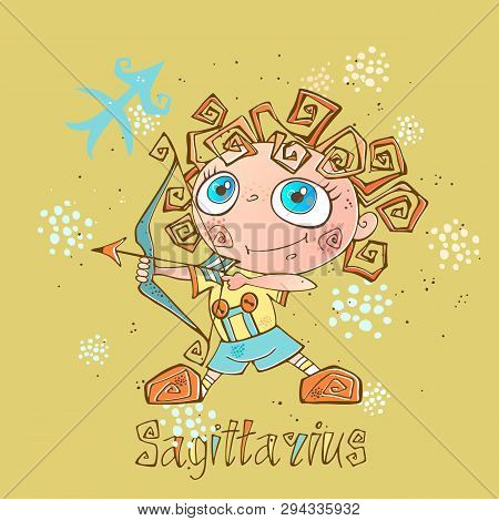 Childrens Horoscope Icon. Zodiac For Kids. Sagittarius Sign . Vector. Astrological Symbol As Cartoon