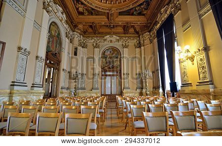 Mexico City, Mexico - March 10, 2019: Reception Room Of  The National Museum Of Art (munal) Former P
