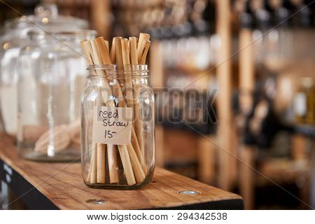 Close Up Of Reed Drinking Straws In Sustainable Plastic Free Grocery Store