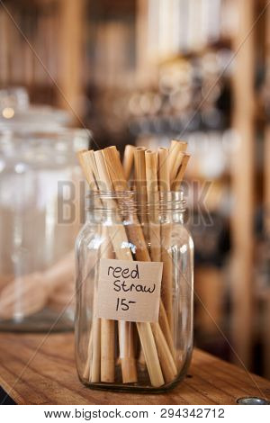 Close Up Of Reed Drinking Straws In Sustainable Plastic Free Grocery Store