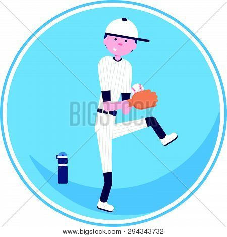 Vector Illustration. Baseball Cartoon Character In Flat Style. Baseball Player With Glove And Ball. 