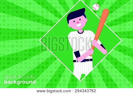 Vector Illustration. Baseball Cartoon Character In Flat Style. Baseball Player With Willow And Ball.