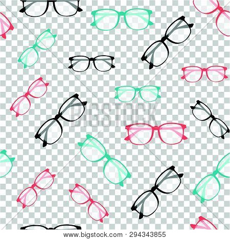 Seamless Pattern With Glasses. Vector Glasses Model Icons. Sunglasses, Glasses, Isolated On White Ba