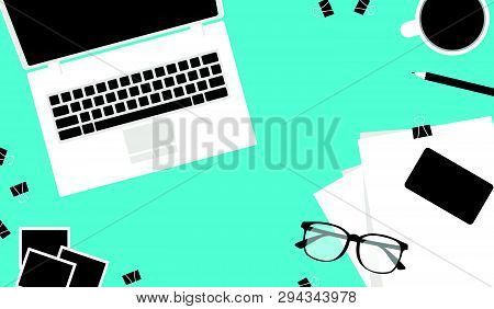 Workplace For Business, Management And It. View From Above. Laptop, Mobile Phone, Notebook And Offic