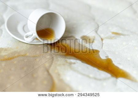 Spilled Coffee On The Bed. Unlucky, Unfortunate Breakfast. Accidentally Dropped Cup With Saucer On W