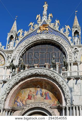 Basilica Of Saint Mark In Venice, Italy With The Splendid Golden Winged Lion
