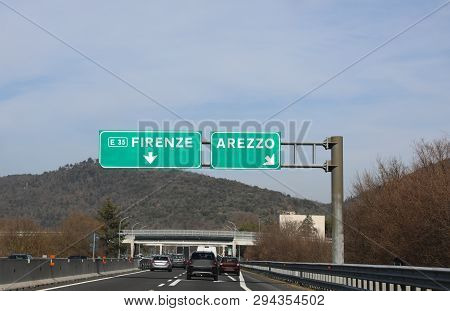 Big Road Signs Of Italian Motorway To Florence Or Arezzo In Tuscany Region In Italy