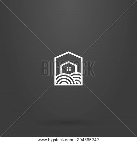 White Sign On A Black Background. Simple Line Art Sign Of A Private House On A Plot Of Land In A Pen