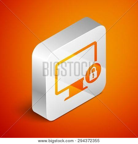 Isometric Lock On Computer Monitor Screen Icon Isolated On Orange Background. Monitor And Padlock. S