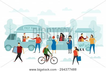 Weekend Fair Market. Street Shop, Food Truck And Flea Markets Vector Illustration