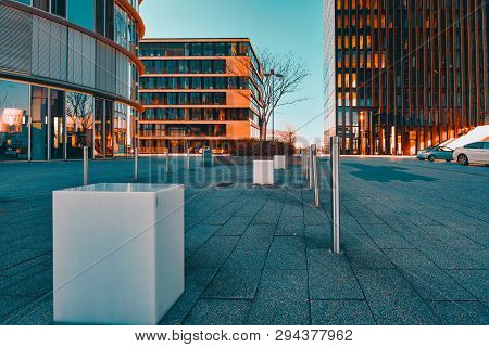Duesseldorf, Germany - January 20, 2019: Modern Architecture Of New Harbour City Throws Long And Dra
