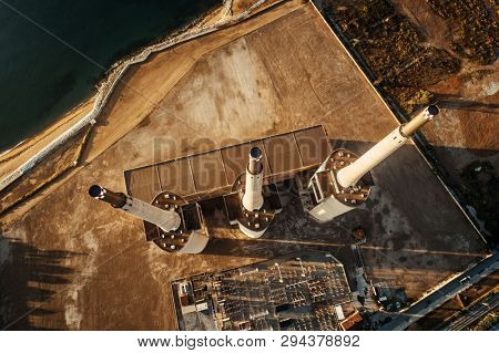 Besos thermic power plant straight down view from above in Barcelona in Spain.