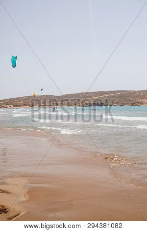 Rhodes Island , Prassonisi Beach, 23 July 2018 , Greece.unidentified Kitesurfers Practicing Kitesurf