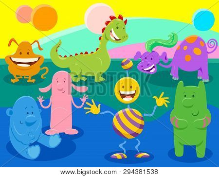 Cartoon Illustrations Of Fantasy Monsters Or Aliens Characters Group In Funny World