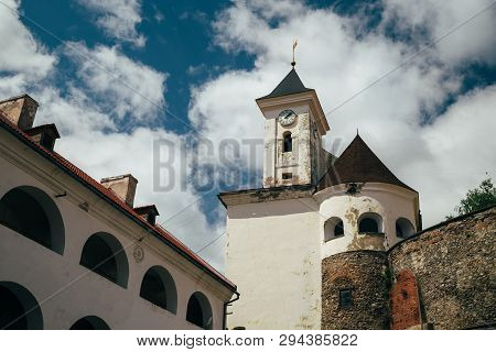 The Palanok Castle Or Mukachevo Castle, Close Up Of The Clock Tower. Mukachevo, Ukraine