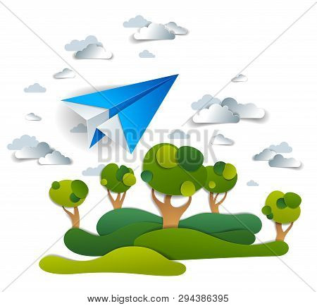 Origami Paper Plane Toy Flying In The Sky Over Meadows And Trees, Perfect Vector Illustration Of Sce
