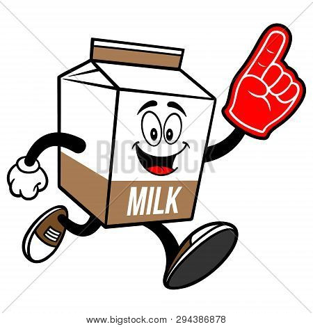 Chocolate Milk Carton Mascot Running With A Foam Finger - A Cartoon Illustration Of A Chocolate Milk