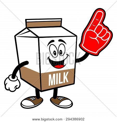 Chocolate Milk Carton Mascot With A Foam Hand - A Cartoon Illustration Of A Chocolate Milk Carton Ma