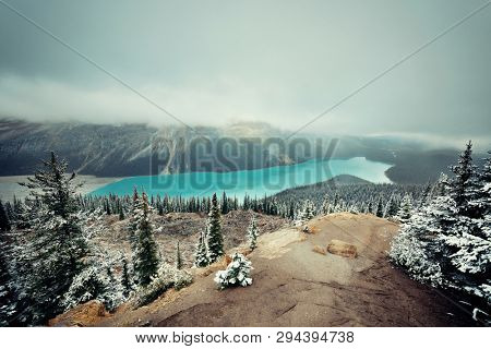 Peyto Lake in winter with snow in Banff National Park, Canada