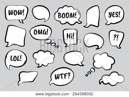 Set Of Comic Speech Bubbles With Diffrent Words, Hand Drawn. Vector Illustration