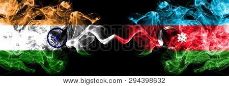 India Vs Azerbaijan, Azerbaijani Smoke Flags Placed Side By Side. Thick Colored Silky Smoke Flags Of