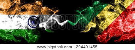 India Vs Congo, Congolese Smoke Flags Placed Side By Side. Thick Colored Silky Smoke Flags Of Indian