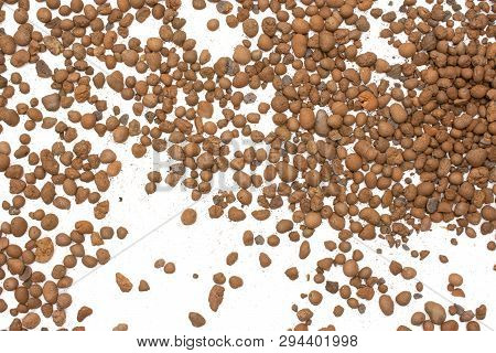 Lot Of Whole Brown Clay Pebbles (leca) Flatlay Isolated On White Background