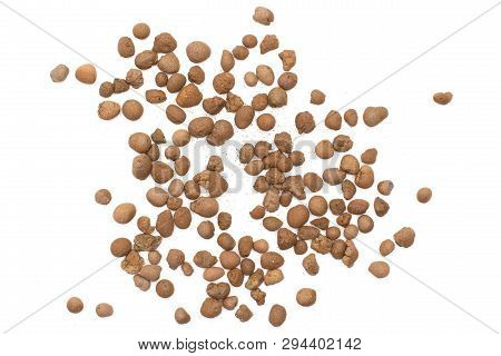 Lot Of Whole Brown Clay Pebbles (leca) Flatlay Isolated On White Background