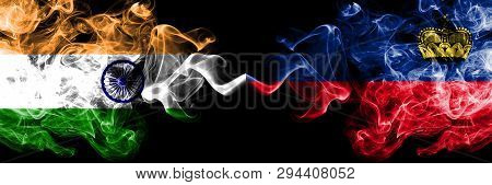 India Vs Liechtenstein, Liechtensteins Smoke Flags Placed Side By Side. Thick Colored Silky Smoke Fl