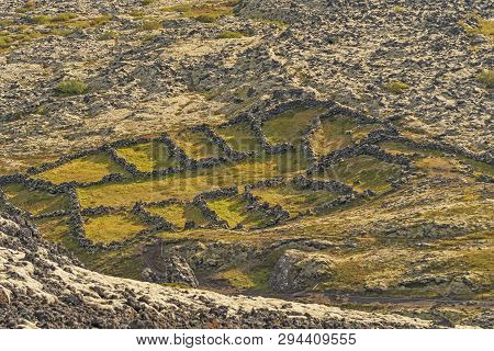 Natural Rock Sheep Pens In Rural Mountains Near Bifrost, Iceland