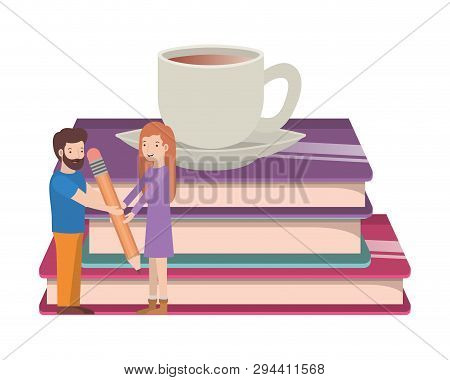 Couple With Cup Of Coffee And Books Vector Illustration Desing