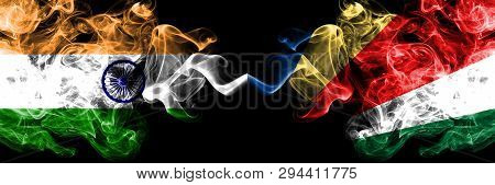 India Vs Seychelles, Seychelloise Smoke Flags Placed Side By Side. Thick Colored Silky Smoke Flags O